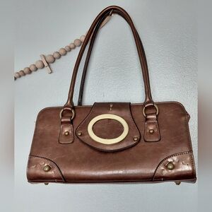 Y2K Brown Faux Leather Gold Accent Rectangle Shoulder Satchel Handbag Purse